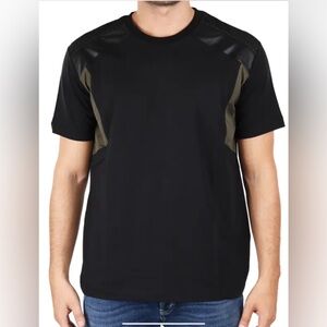 ***Les Hommes *** Black and Olive Nylon and Eco Leather Panels T- Shirt .